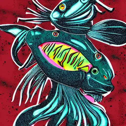 Image similar to cyborg goldfish with punk aesthetic, photography