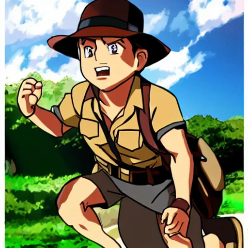 Image similar to Indiana Jones running away from boulder trap, raiders of the lost ark, anime style