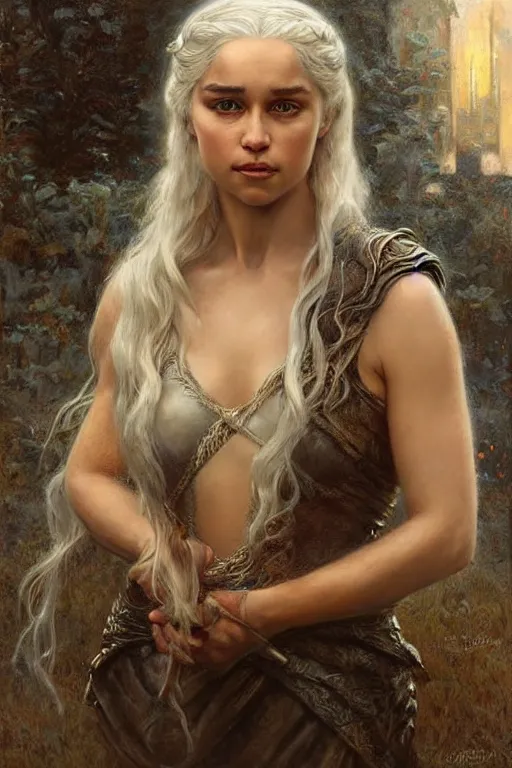 Image similar to portrait of daenerys targaryen. art by gaston bussiere and tomasz alen kopera.