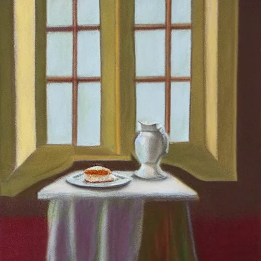 Prompt: a still life pastel painting of a breakfast table overlooking an open window