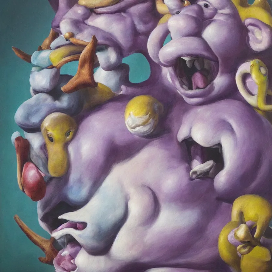 Image similar to rare hyper realistic portrait painting by italian masters, studio lighting, brightly lit purple room, a blue rubber duck with antlers laughing at a giant laughing white bear with a clown mask