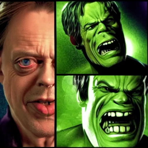 Image similar to steve buscemi as bruce banner turning into the hulk, multiple transformation phases, film still from a movie directed by wachowskis