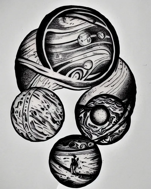 Image similar to planets on the top of a broken renaissance head statue, realism tattoo design, in the style of tony santos