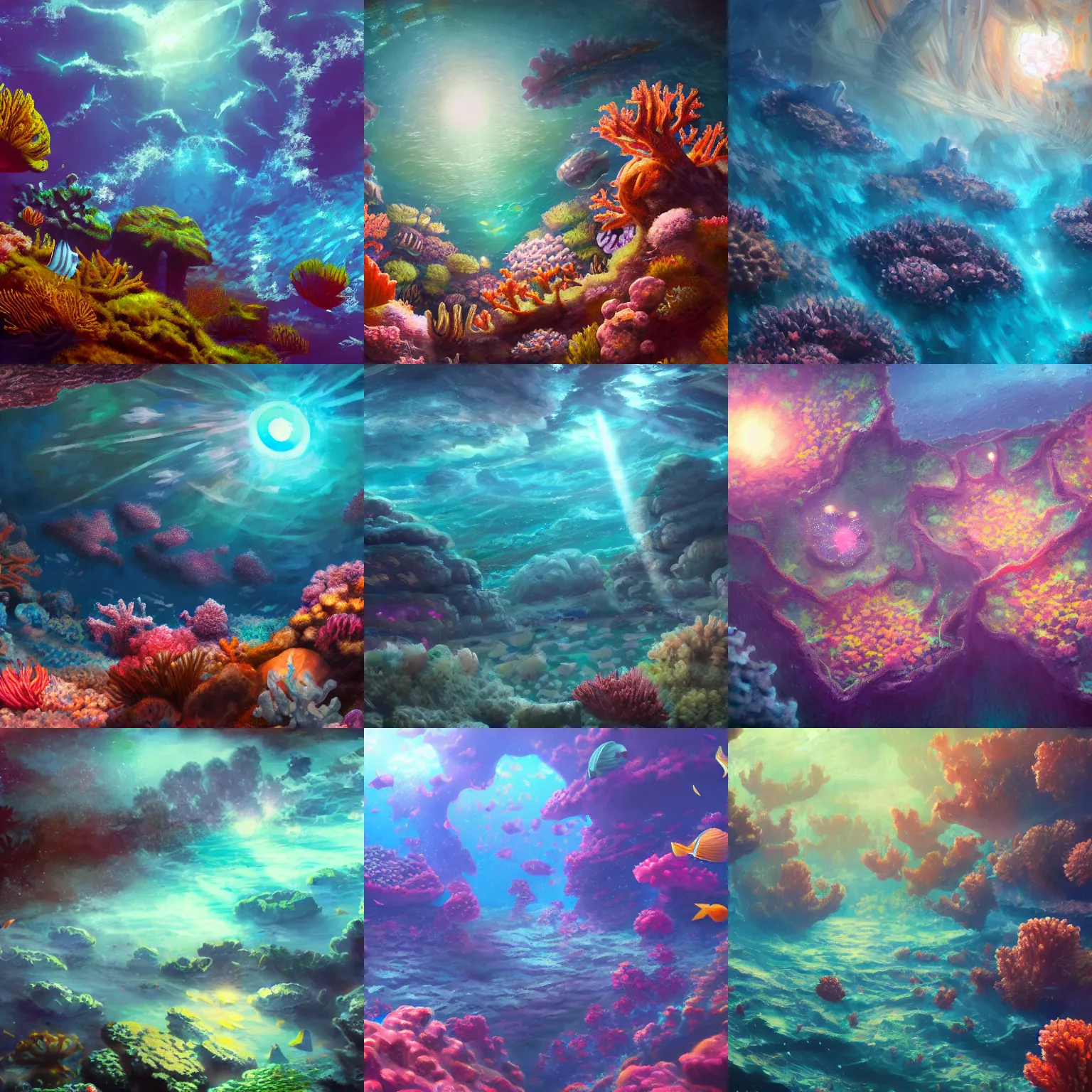 Prompt: coral reef full of observatories for scientists, cinematic lighting, trending on artstation, anime style, oil painting