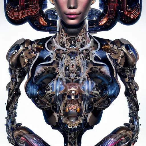 Image similar to an extremely beautiful biomechanical fame looking robot with large emoji tattoos, neon jacuzzi, extremely beautiful, chimeric organism, holodeck, pale skin, organic polycarbon, full frontal, portrait, highly detailed, transhumanist hydration, symmetrical, mechanical, anatomical, mendelbrot fractal, ray tracing, hyperdetailed, hyperrealistic, trending on artstation, oppai cyberpunk, octane render, hdr, uhd 4k