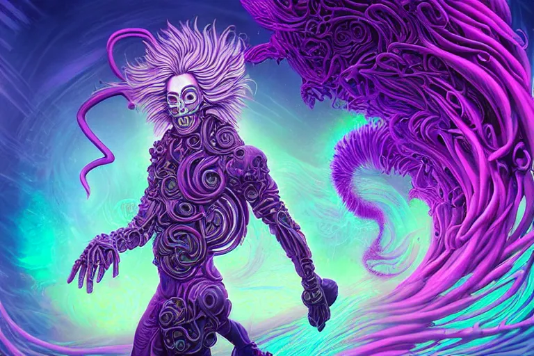 Image similar to cell shaded, a vaporwave ombre biomechanical druid of creativity, flowing hair, beautiful character fashion design, by josan gonzalez, shag, nagel, and paul lehr and david heskin and seb mckinnon and jared s. merantz and alex grey, hi - fructose, 8 k, digital matte painting