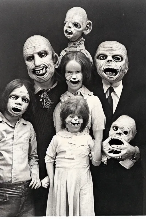 Image similar to mugwump mutant family photo, 1 9 7 0 s, olan mills studio, creepy, scary, nightmare, color, grotty, ugly, terrified