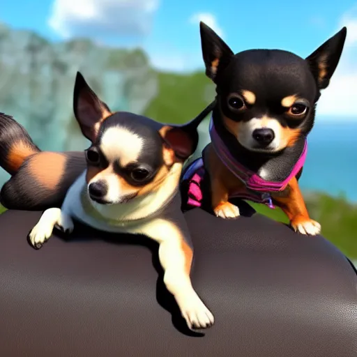 Image similar to chihuahua riding on top of a ROTTWEILER, rendered in unreal engine