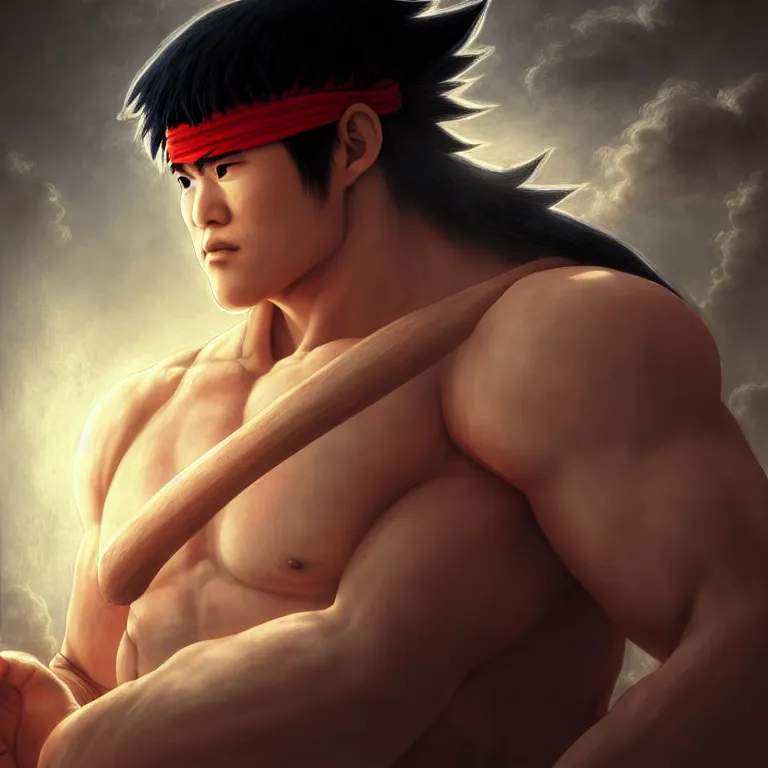 Prompt: ryu from street fighter in japan, dream - like atmosphere, symmetrical baroque painting, perfect composition, beautiful detailed intricate insanely detailed octane render trending on artstation, 8 k artistic photography, photorealistic, soft natural volumetric cinematic perfect light, chiaroscuro, award - winning photograph, masterpiece, raphael, caravaggio, greg rutkowski, beeple