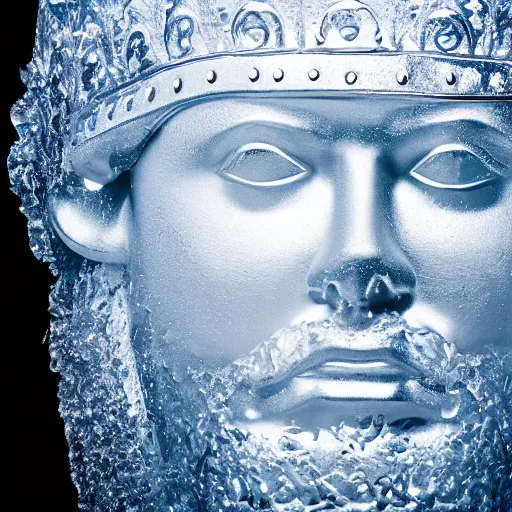 Prompt: a professional studio photography of a glossy shiny sparling chiseled ice - sculpture of a king in a snowy landscape