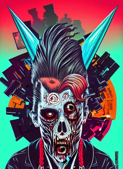 Image similar to a zombie punk rocker with a mohawk playing electric guitar, tristan eaton, victo ngai, artgerm, rhads, ross draws