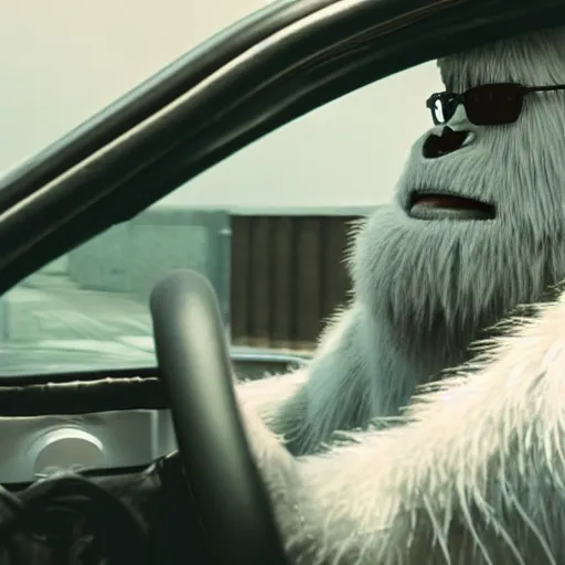 Prompt: big budget cinematic film still of a yeti driving a sports car