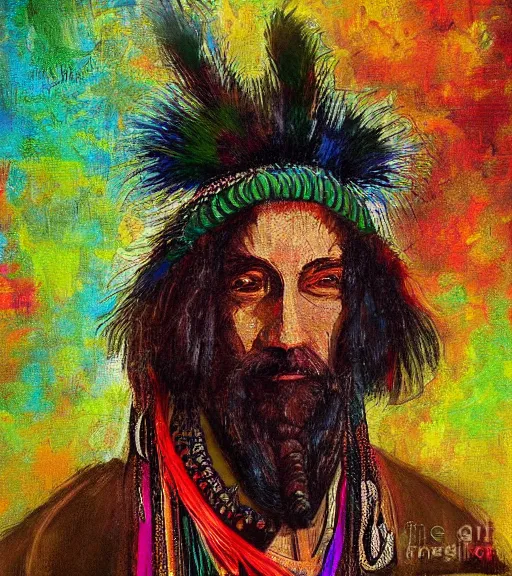 Prompt: Portrait painting in a style of Da Vinci of an old shaman dressed in a colorful traditional clothes.