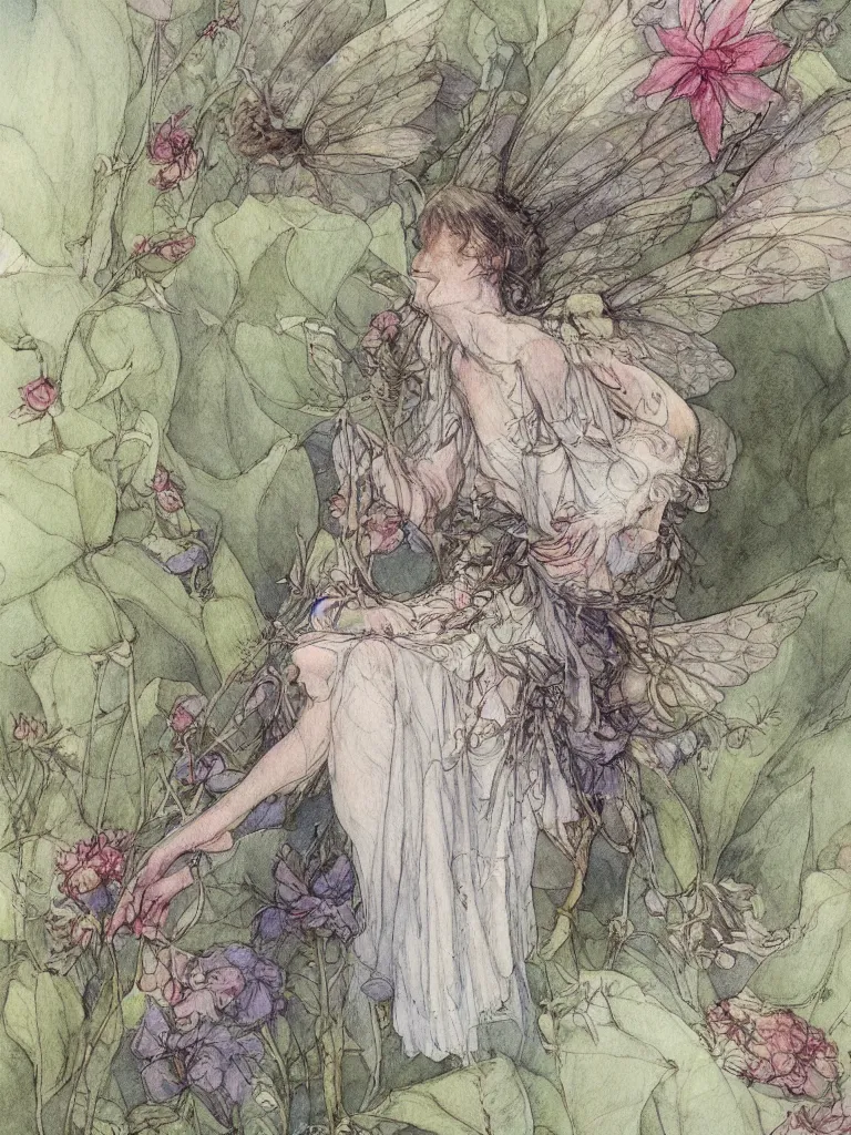 Image similar to annotated study of a flower fairy, illustration, watercolor, alan lee, detailed, pretty, ethereal,