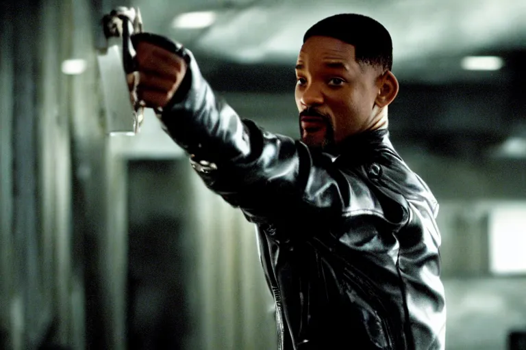 Image similar to cinematic still of will smith in Blade (2001), XF IQ4, f/1.4, ISO 200, 1/160s, 8K, RAW, dramatic lighting, symmetrical balance, in-frame