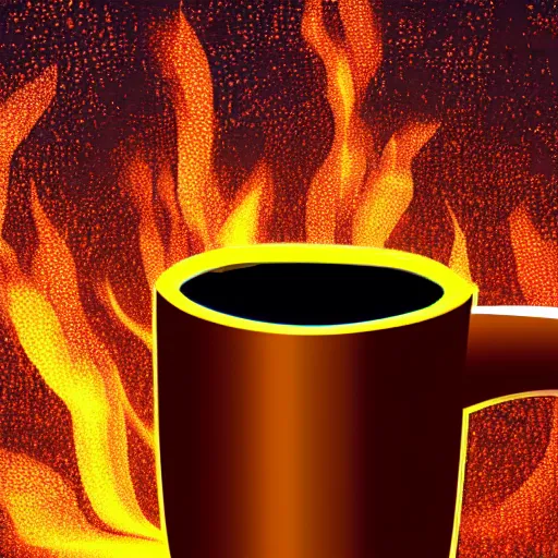 Prompt: a coffee cup filled with magma digital art, highly detailed, sparks in the background, out of focus background