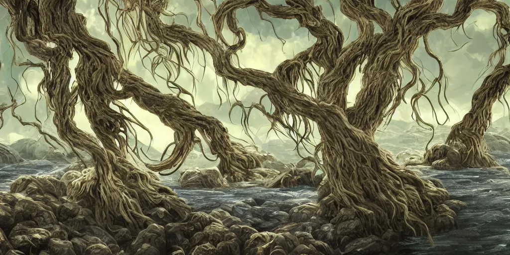 Prompt: bent moaning windswept willows growing on rocks, high quality fantasy art, 4k