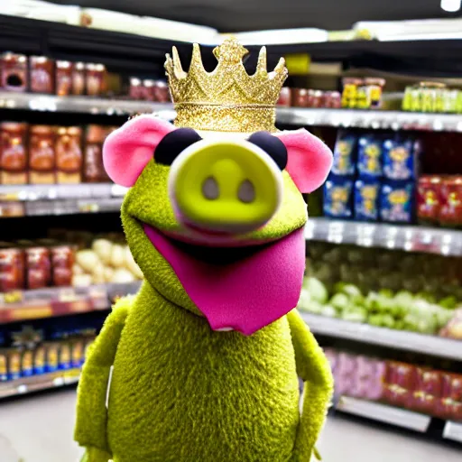 Image similar to muppet pig wearing a gold crown shopping at a grocery store 8k