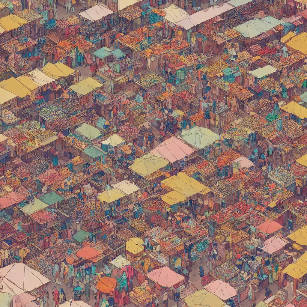Prompt: isometric view illustration of a Souk in Marrakesh, highly detailed mid day by Victo Ngai