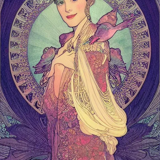 Image similar to a beautiful intricate watercolor illustration of a princess with birds 4 k, ultra - wide angle, by william turner, by victo ngai, by alphonse mucha, by moebius, by gustave dore, hd, trending on artstation, hyper detailed, muted intense colors