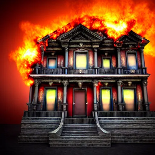 Image similar to A photorealistic 3d render of Invincible Mark Grayson, Volume, Full, ominous, magical realism, texture, intricate, ornate, royally decorated, android format, windows, many doors, roofs, complete house , whirling smoke, embers, red adornments, red torn fabric, radiant colors, fantasy, trending on artstation, volumetric lighting, micro details, 3d sculpture, ray tracing, 8k