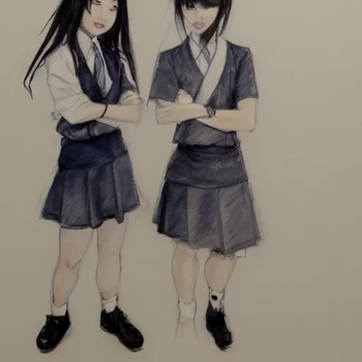 Prompt: a perfect, realistic professional concept sketch of two Japanese schoolgirls posing, in style of Marvel, full length, by pen and watercolor, by a professional American senior artist on ArtStation, a high-quality hollywood-style sketch, on high-quality paper