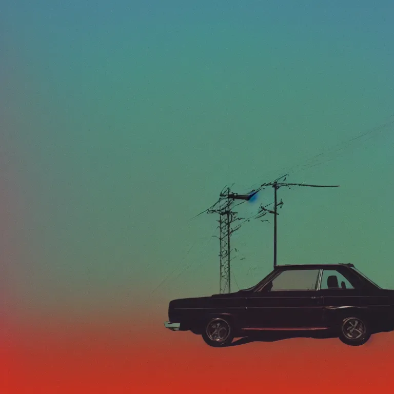 Image similar to 1 9 7 0 s car with exposed circuit boardy, silhouettes in field behind, film photo, soft lighting album cover, nostalgia, turquoise gradient