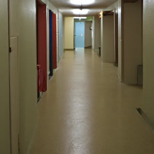 Prompt: dingy hallway in an apartment building, dirty, poorly lit