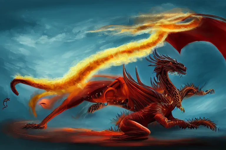 Image similar to a sphinx fighting a flaming dragon, low angle, digital painting, dynamic, trending on artstation