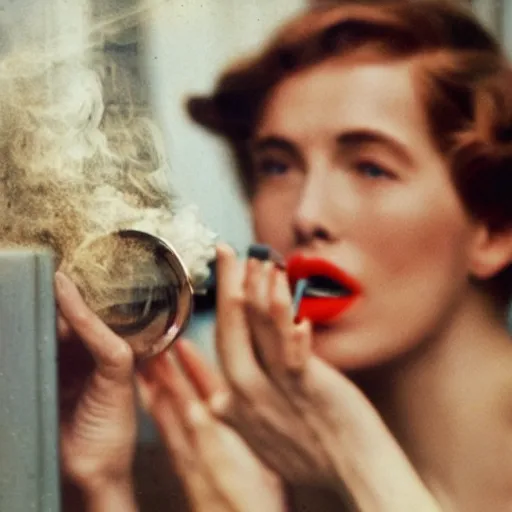 Image similar to zoomed cropped voyeuristic direct eye contact closeup of supermodel neighbor blowing smoke in window, technicolor, telephoto lens, vintage photograph, historical archive