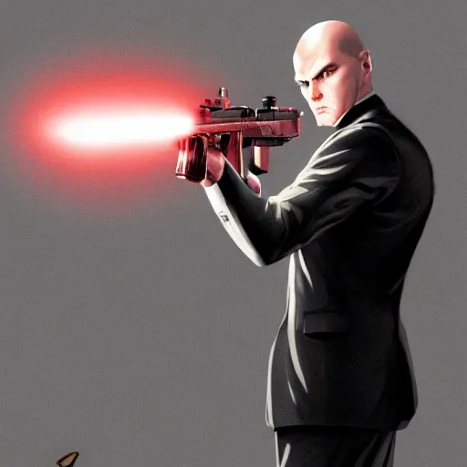 Image similar to a symmetrical portrait of agent 4 7 from hitman holding a rifle, dark background, red rim light, highly detailed, digital art, artstation, concept art, smooth, sharp focus, greg rutkowski, wlop