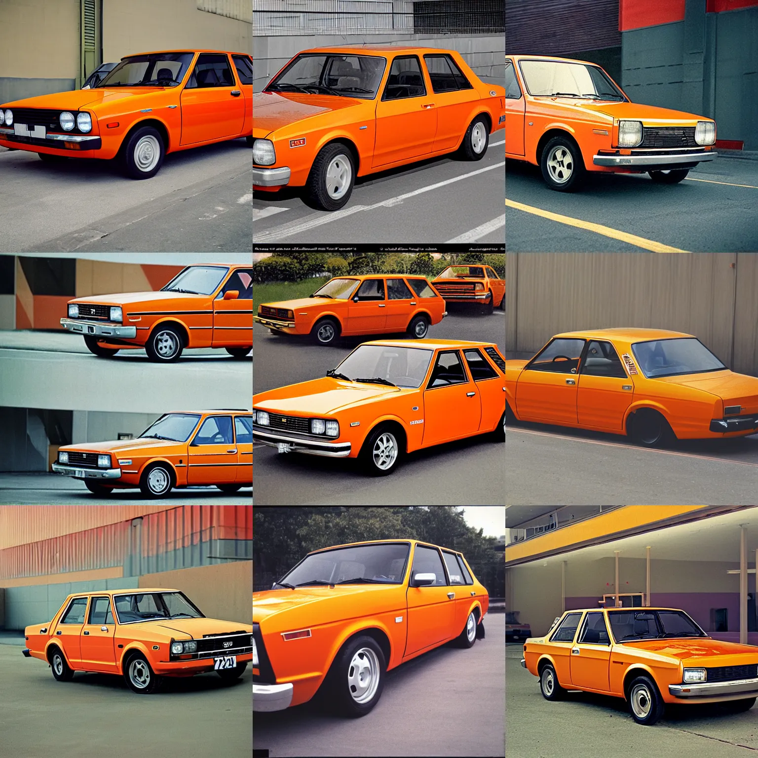 Prompt: an orange datsun 5 1 0 car is parked in a parking lot, featured on cg society, synchromism, 1 9 7 0 s, clean, creative commons attribution