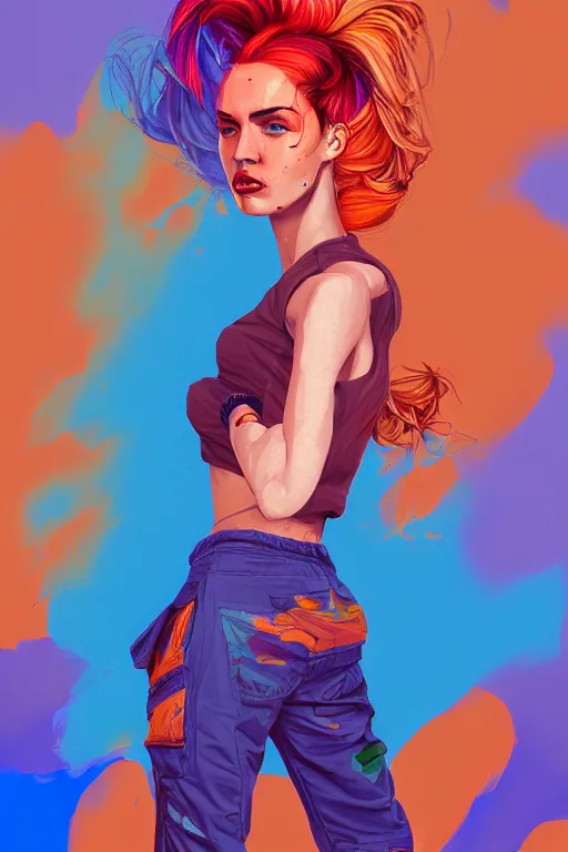 Prompt: a award winning half body portrait of a beautiful caucasian woman in a croptop and cargo pants with ombre orange blue teal hairstyle with head in motion and hair flying by martine johanna and will eisner, outrun, vaporware, digital art, trending on artstation, highly detailed, fine detail, intricate