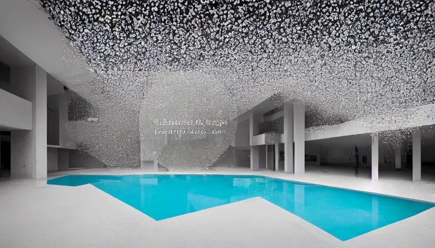 Image similar to symmetrical establishing shot of The unsettling courtyard of a monochrome modernist hotel designed by Luis Barragán, An empty swimming pool in the foreground. Ceiling is made of thousands of brilliant crystals scattered Single point perspective photographed by Wes Anderson and Andreas Gursky. Cinematic, dramatic lighting, moody, eerie, illustration, uncanny, creepy Sigma 75mm, very detailed, golden hour, Symmetrical, centered, intricate, Dynamic Range, HDR,