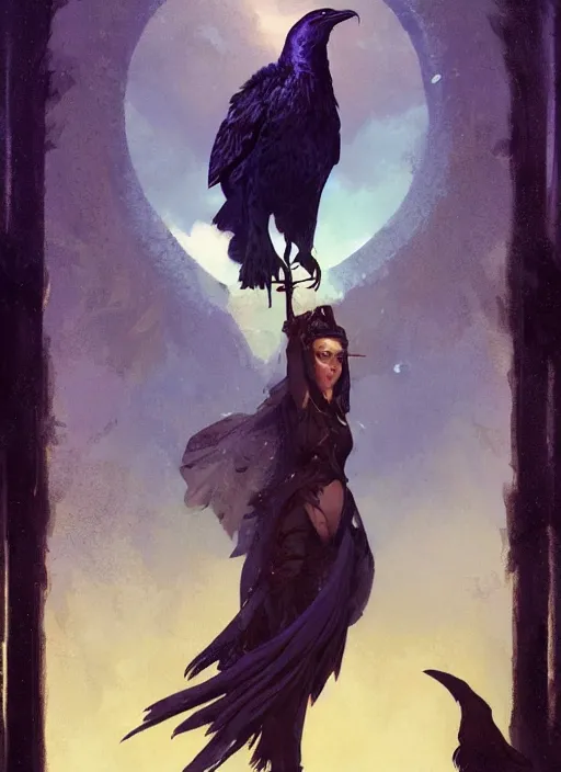 Image similar to hyper realistic photo of beautiful sorceress with a raven on her shoulder and a magic staff in her hand, full body, rule of thirds, conceptart, saturated colors, cinematic, greg rutkowski, brom, james gurney, mignola, craig mullins, artstation, cgsociety