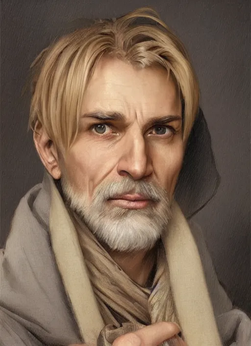 Image similar to a man aged 4 0 with blonde hair and hazel eyes and a friendly expression. he is wearing a grey cloak. head and shoulders portrait painting by artgerm and greg rutkowski and alphonse mucha.