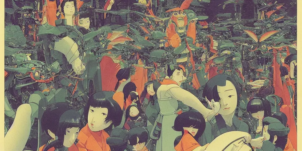 Image similar to gigantic dragonflies with human faces catch tiny robots, a lot of exotic mechas robots around, human heads everywhere, risograph by kawase hasui, edward hopper, satoshi kon and moebius, no text!, colorful flat surreal design, super - detailed, a lot of tiny details, fullshot