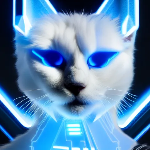 Image similar to tron legacy white fluffy cat, hyper realistic, concept art, intricate, hyper detailed, smooth, dynamic volumetric lighting, cinematic, high quality, high resolution, 4 k, cgsociety, rutkowski, gurney, alphonse mucha