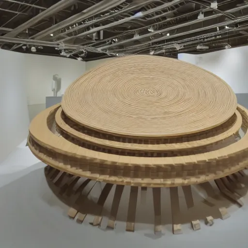 Prompt: table warping and diffusing around itself art exhibit, very detailed photo