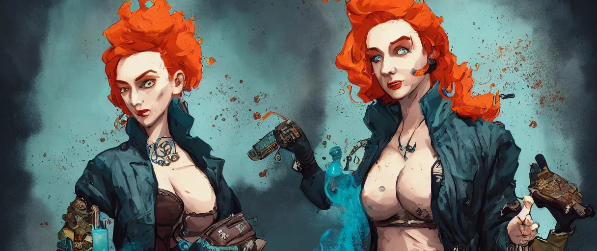 Image similar to duotone black and teal blue background comic noir illustration triss merigold sorceress with ginger hair wearing brown leather clothes. from wither 3. by sachin teng and sergey kolesov and ruan jia and heng z. graffiti art, scifi, fantasy, hyper detailed. octane render. concept art. trending on artstation