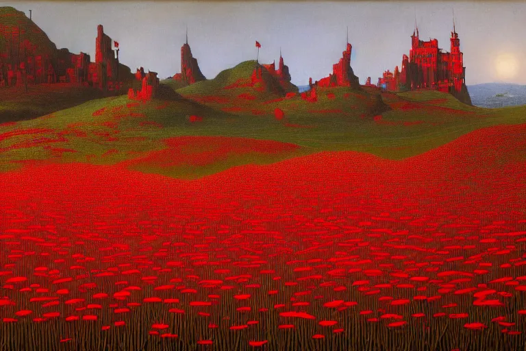 Image similar to only with red, red flowers of different types, a castle in the background, red orcs and trolls dance over the flowers, in the style of beksinski, part by hopper, part by rodcenko, part by hofbauer, intricate composition, red by caravaggio, insanely quality, highly detailed, masterpiece, red light, artstation, 8 k
