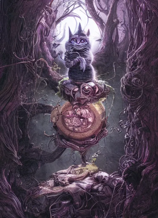 Image similar to cheshire cat the magician tarot card, highly detailed, cinematic, 8 k, by stanley artgermm, tom bagshaw, greg rutkowski, carne griffiths, ayami kojima, beksinski, giger, trending on deviantart, hyper detailed, horror, full of colour