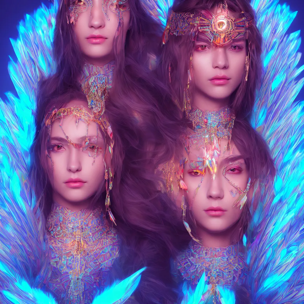 Image similar to portrait highly detailed beautiful symmetrical face high priestess intricate elegant detailed crystal jewellery with tribal feathers, lush colourful volumetric lighting, anime digital painting, concept art, smooth, sharp focus 3 d, divine realm of gods, realistic cinematic style, octane render, photographic, unreal engine 8 k