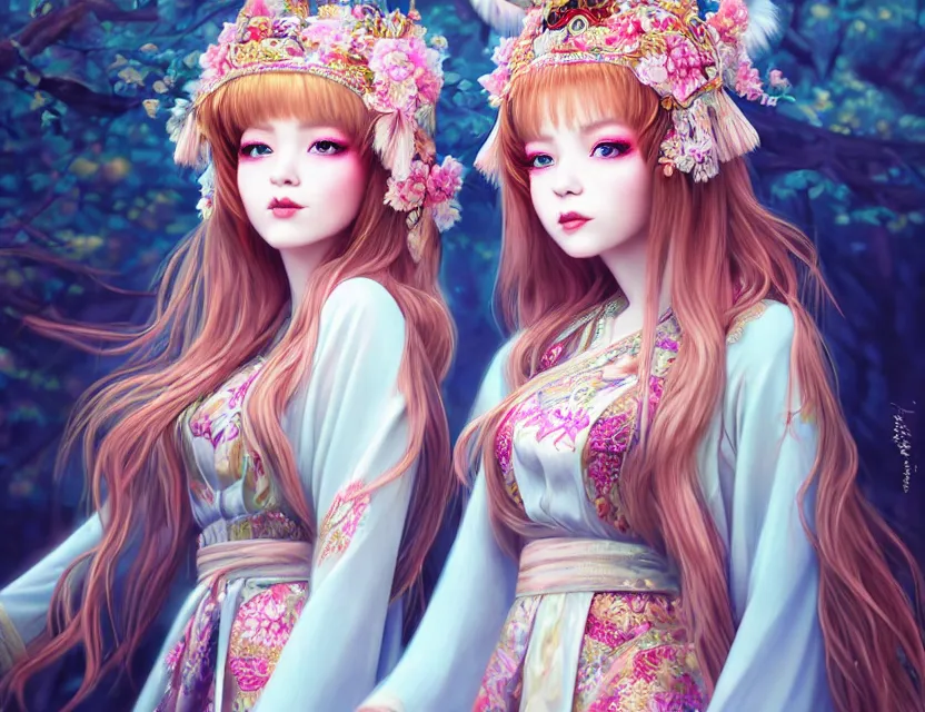 Image similar to two beautiful fashion siberian girls wear fantasy kimono in festival | | big eyes, sunny, dreamlike art, realistic shaded, smile, good looking, hyper details, 4 k realistic, cryengine, realistic shaded lighting poster by artgerm, ross tran, fuji choko, loish, 8 k resolution, trending on artstation, luxury