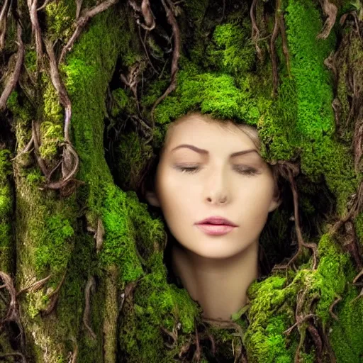 Prompt: a woman's face emerging from the roots of a tree, covered in moss, flowers, mother nature