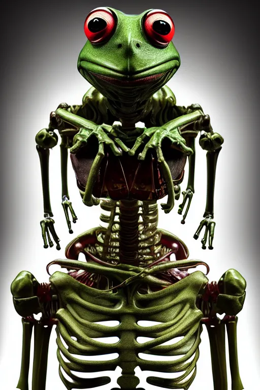 Image similar to movie poster of kermit the terminator, chromatic humanoid skeleton frog skeleton hybrid, robot, ultra realistic, cinematic lighting hd photography,