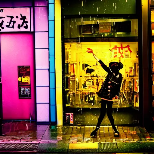 Prompt: punk girl with destroying a store window on a rainy night in tokyo, hdr, vibrant colors, lifelike, soft light, hyperdetailed, photography, aesthetic, neon lights - n 7