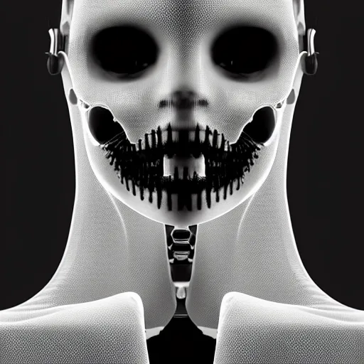 Image similar to black and white dreamy foggy smoky profile face portrait, single skeletal biomechanical beautiful young female cyclops - cyborg - robot bust, body ribs meshes, ray - traced, volumetric light, rim light, by dora maar and cecile beaton, big gothic fashion pearl embroidered collar, 8 k