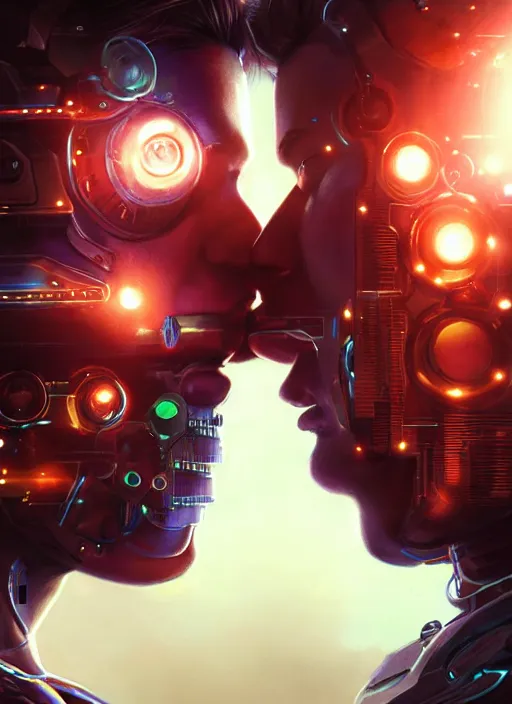 Image similar to ultra realistic close - up of a couple of cyborgs kissing, lovers, cyberpunk, sci - fi, fantasy, led color, flare, soft light, night, highly detailed, digital painting, concept art, sharp focus, illustration, art by artgerm and greg rutkowski