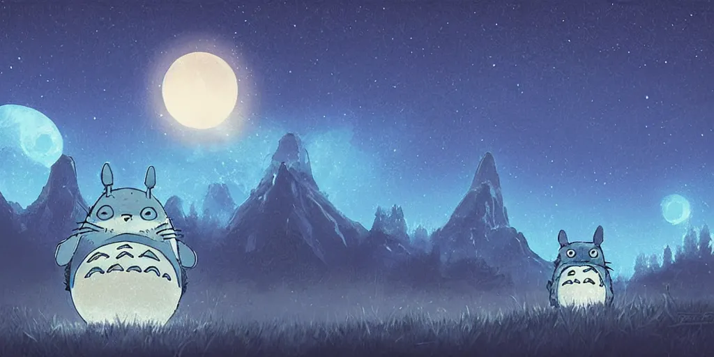 Image similar to glowing wireframe totoro, mountain landscape, night sky, digital art, digital painting, celestial